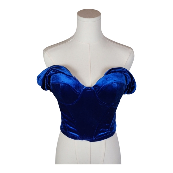 Revolve Line & Dot Du Jour Velvet Corset Top Royal Blue Off Shoulder Bustier XS - Picture 2 of 11